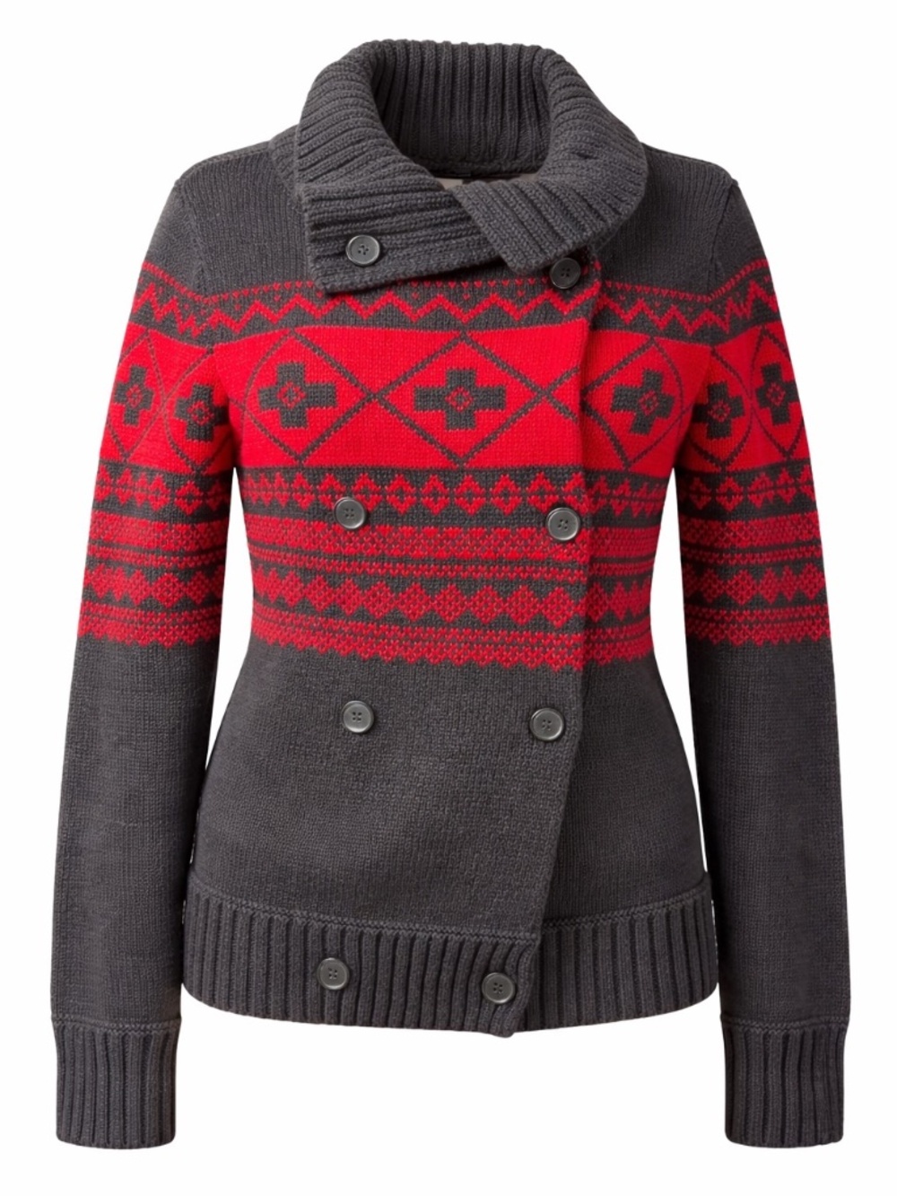American Living Fair Isle Shawl Collar Sweater Black Red Nordic Button Front